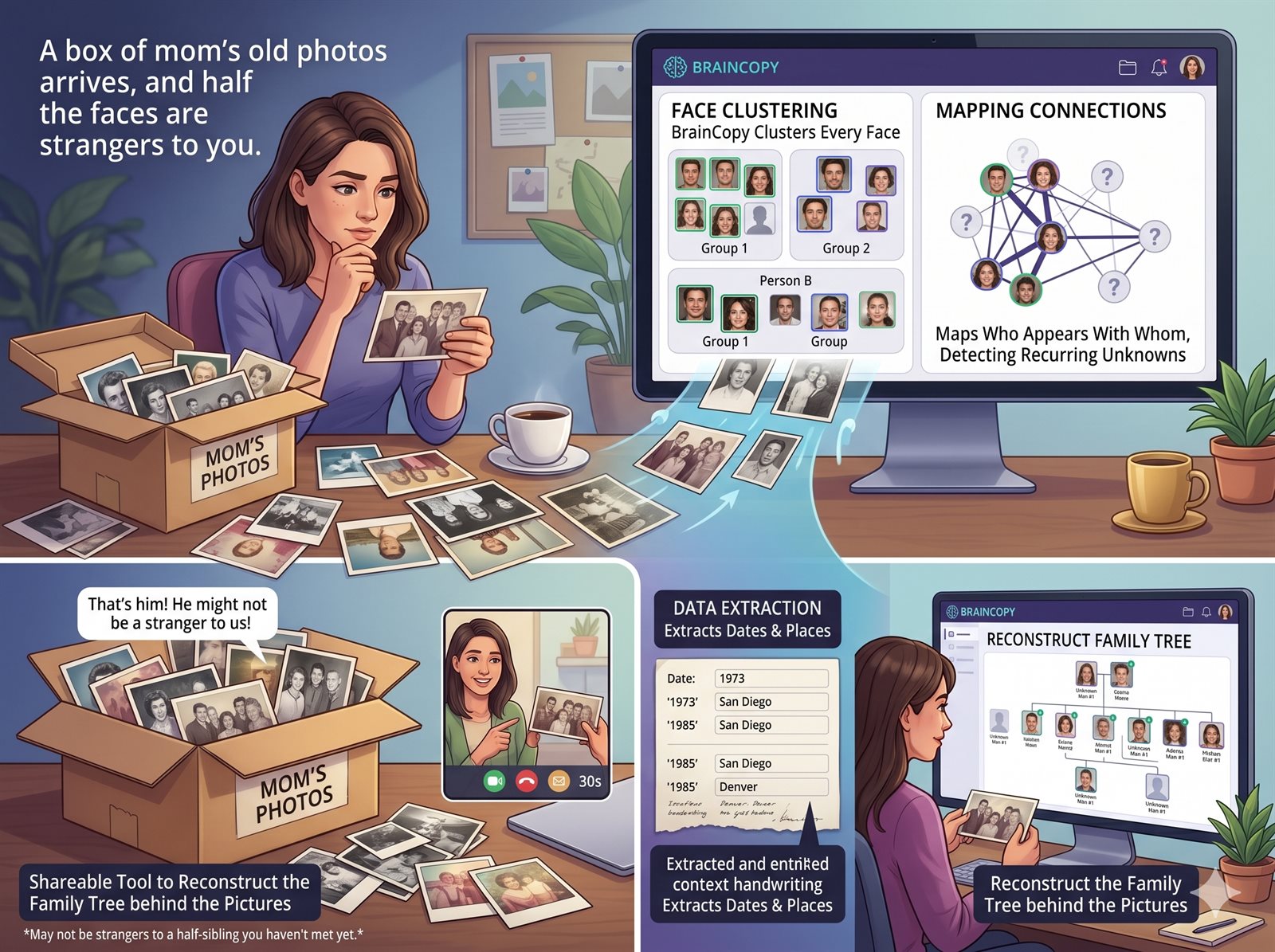 Adopted adult studying inherited family photos with face-clustering and family-tree reconstruction tools