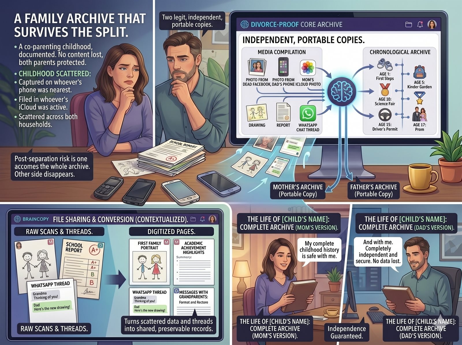 Two co-parents each with an independent copy of the family archive that survives the split