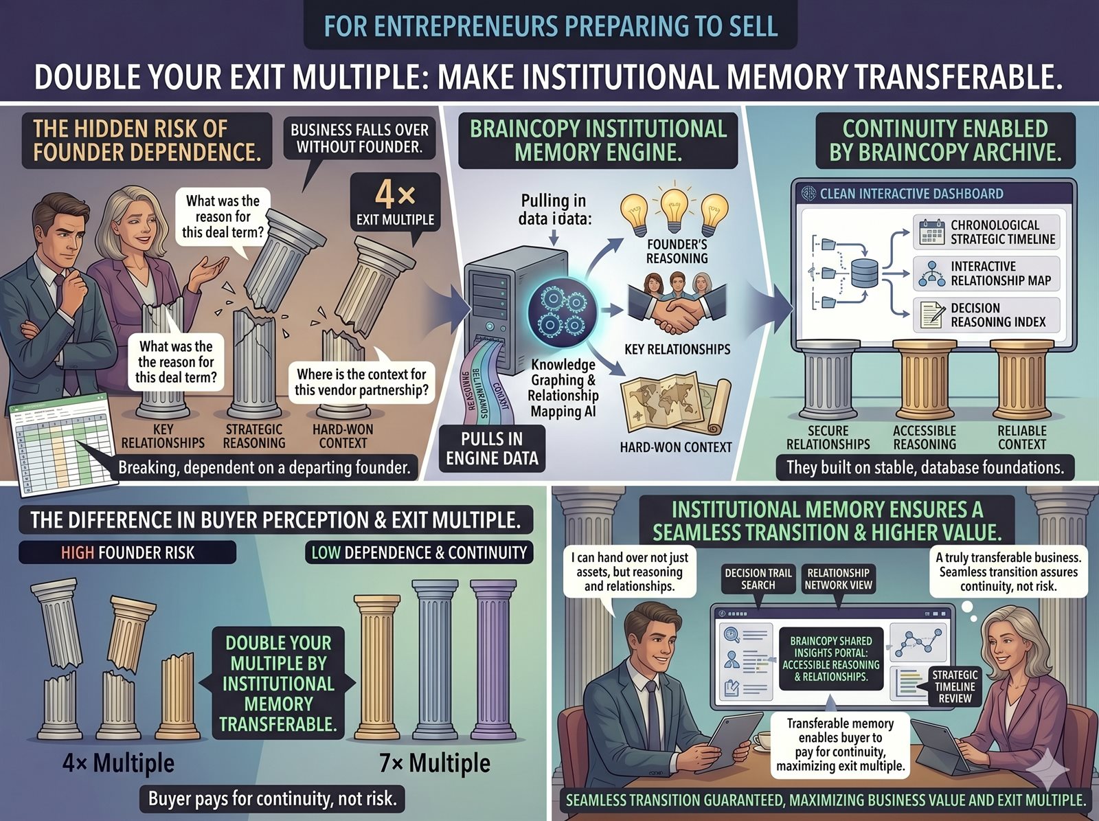 Institutional memory engine that transfers founder knowledge into the business, doubling exit multiple