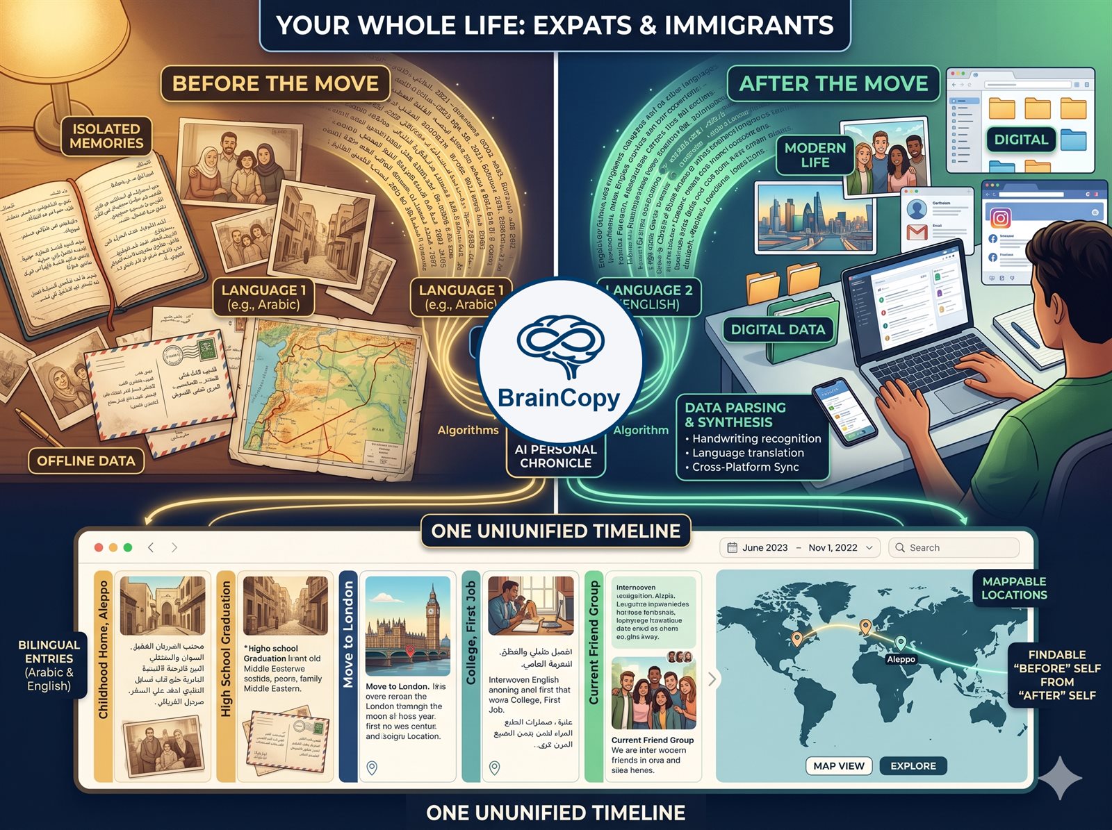 Before-the-move and after-the-move halves of an expat life merged into one unified multilingual timeline and mappable chronicle