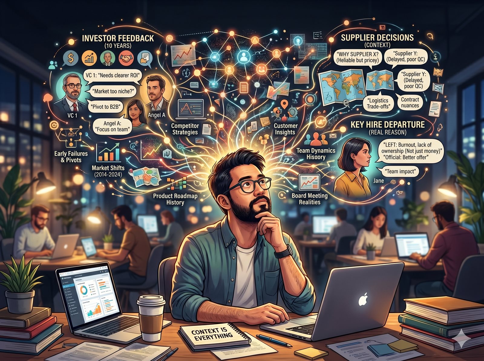 Founder working alone at night with scattered notes and a laptop