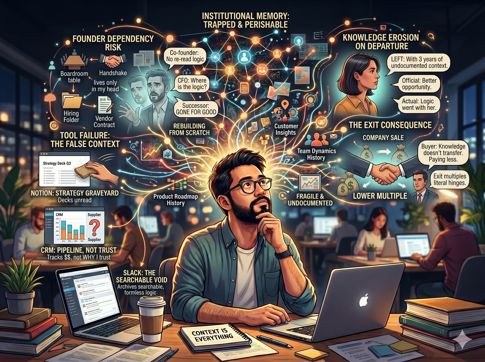 Single person surrounded by thought bubbles representing scattered institutional knowledge