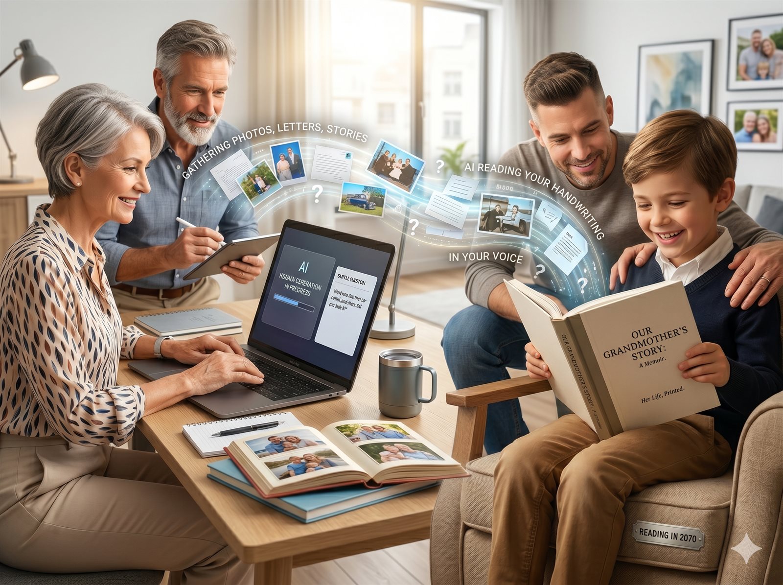 Grandparents and grandchild organising old photos, letters and stories into a keepsake book