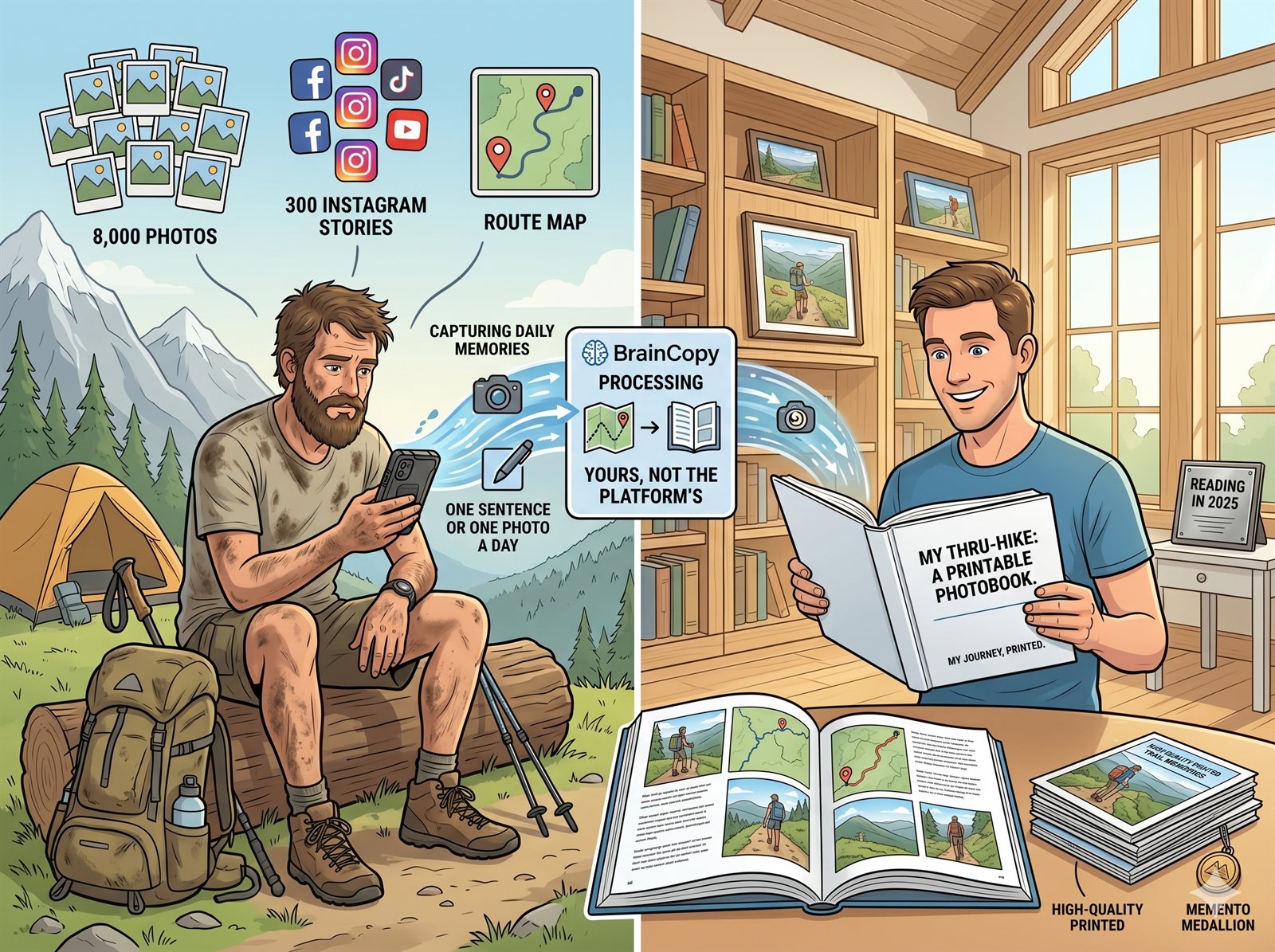 Long-distance hiker capturing one sentence a day on trail, turning thousands of photos into a printable photobook