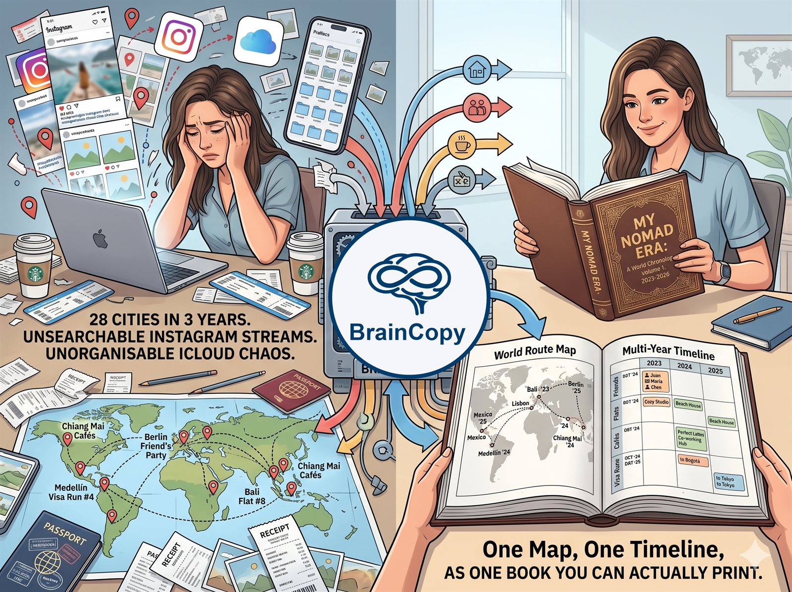 Long-term nomad's scattered Instagram and iCloud chaos unified into one map, one timeline, one printable book