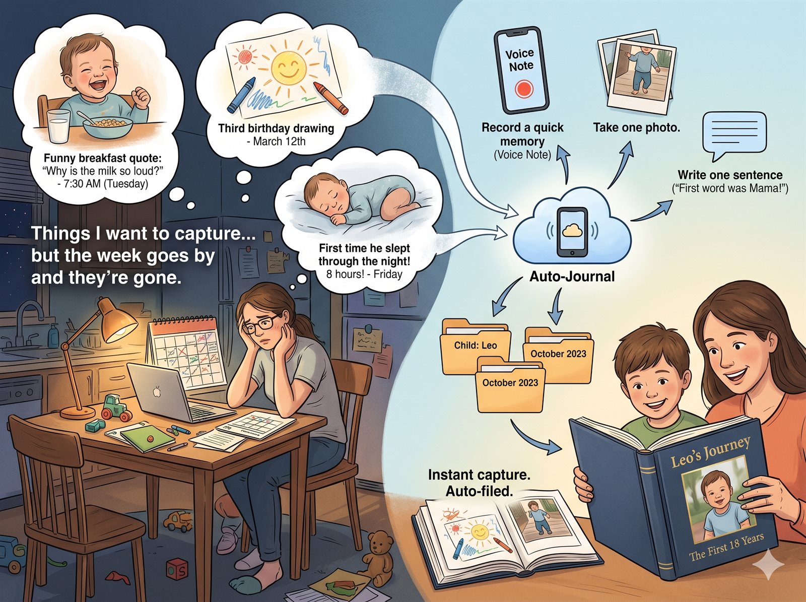 Parent laughing with a small child at a kitchen table