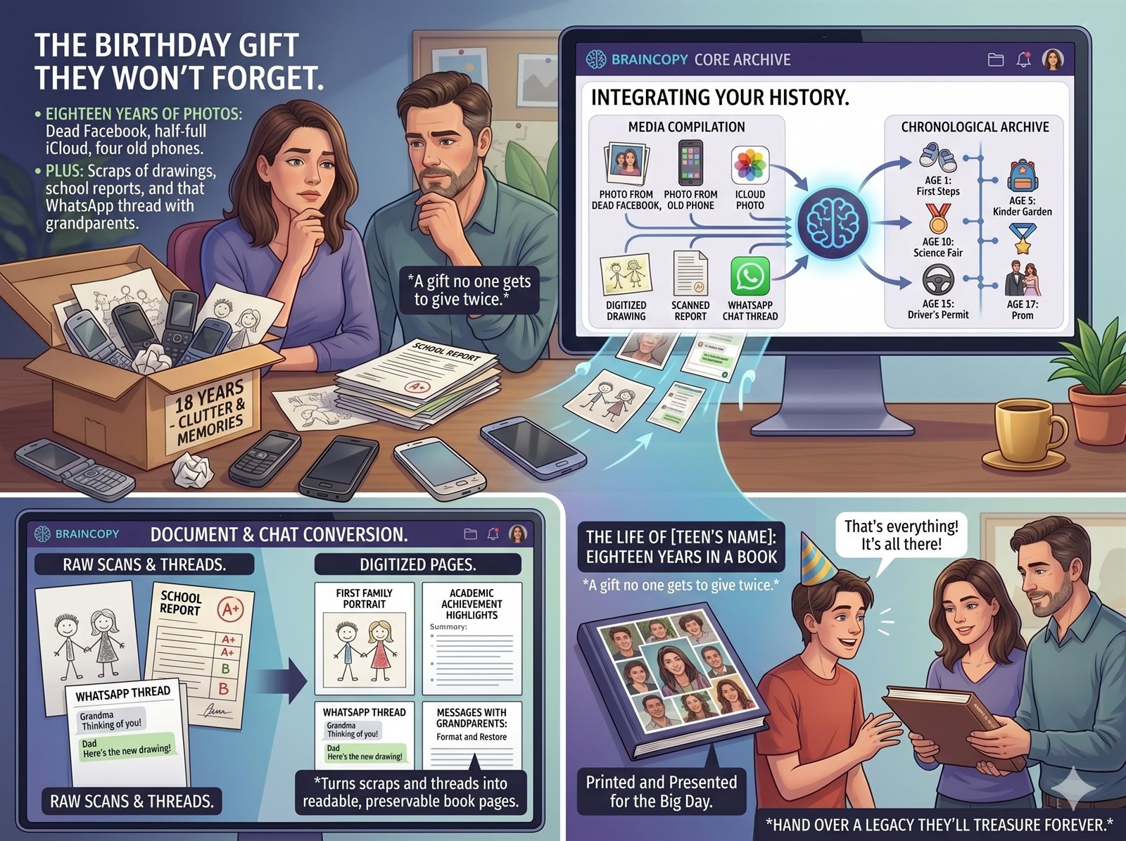 18 years of a child's life distilled into one printed keepsake book ready for the 18th birthday