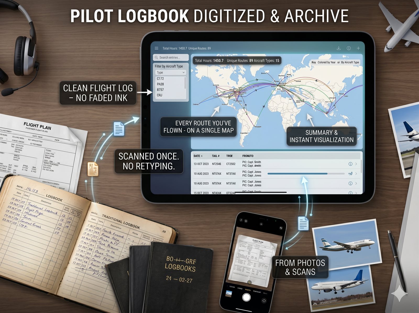 Paper pilot logbooks next to a tablet showing every flight on a world map