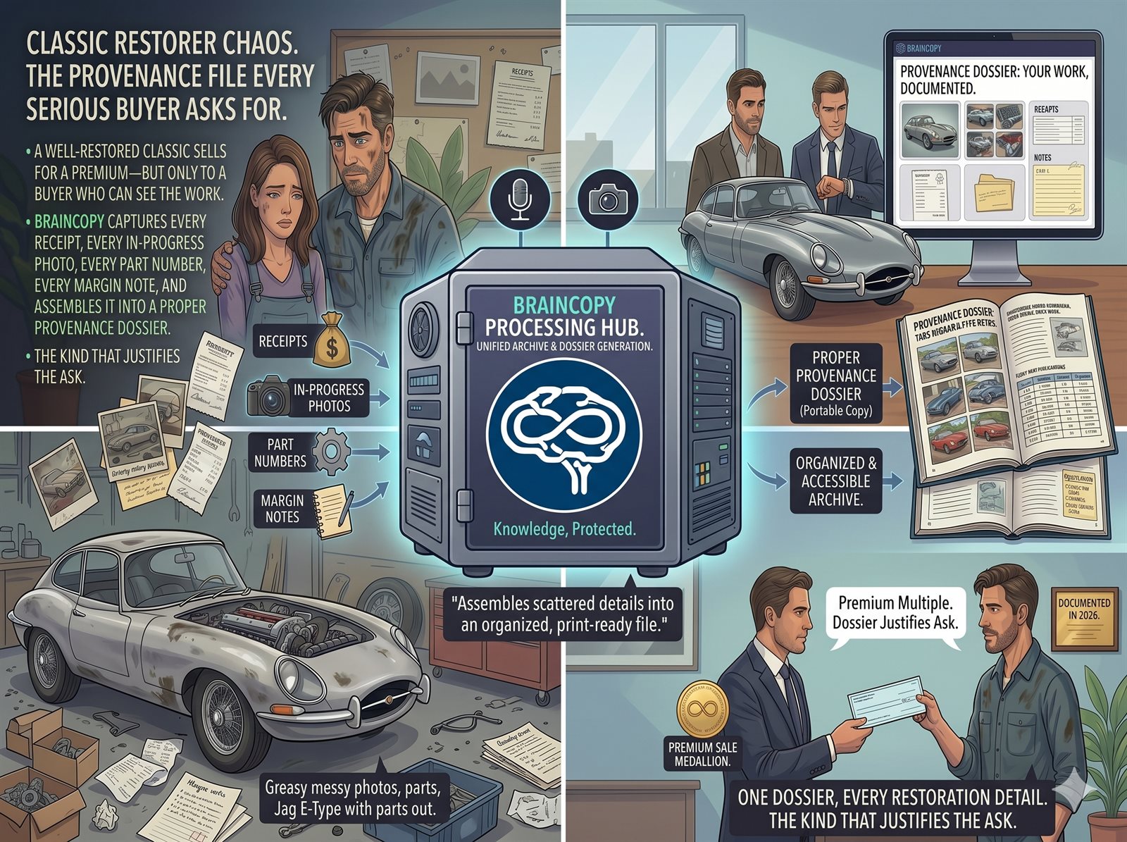 Classic car restorer assembling receipts, in-progress photos and part numbers into a buyer-ready provenance dossier