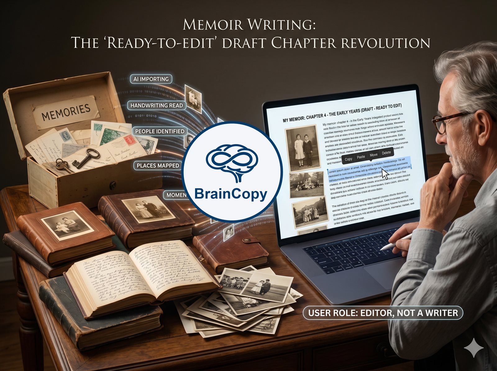 A retiree editing AI-drafted memoir chapters on a laptop surrounded by photos, handwritten diaries and keepsakes
