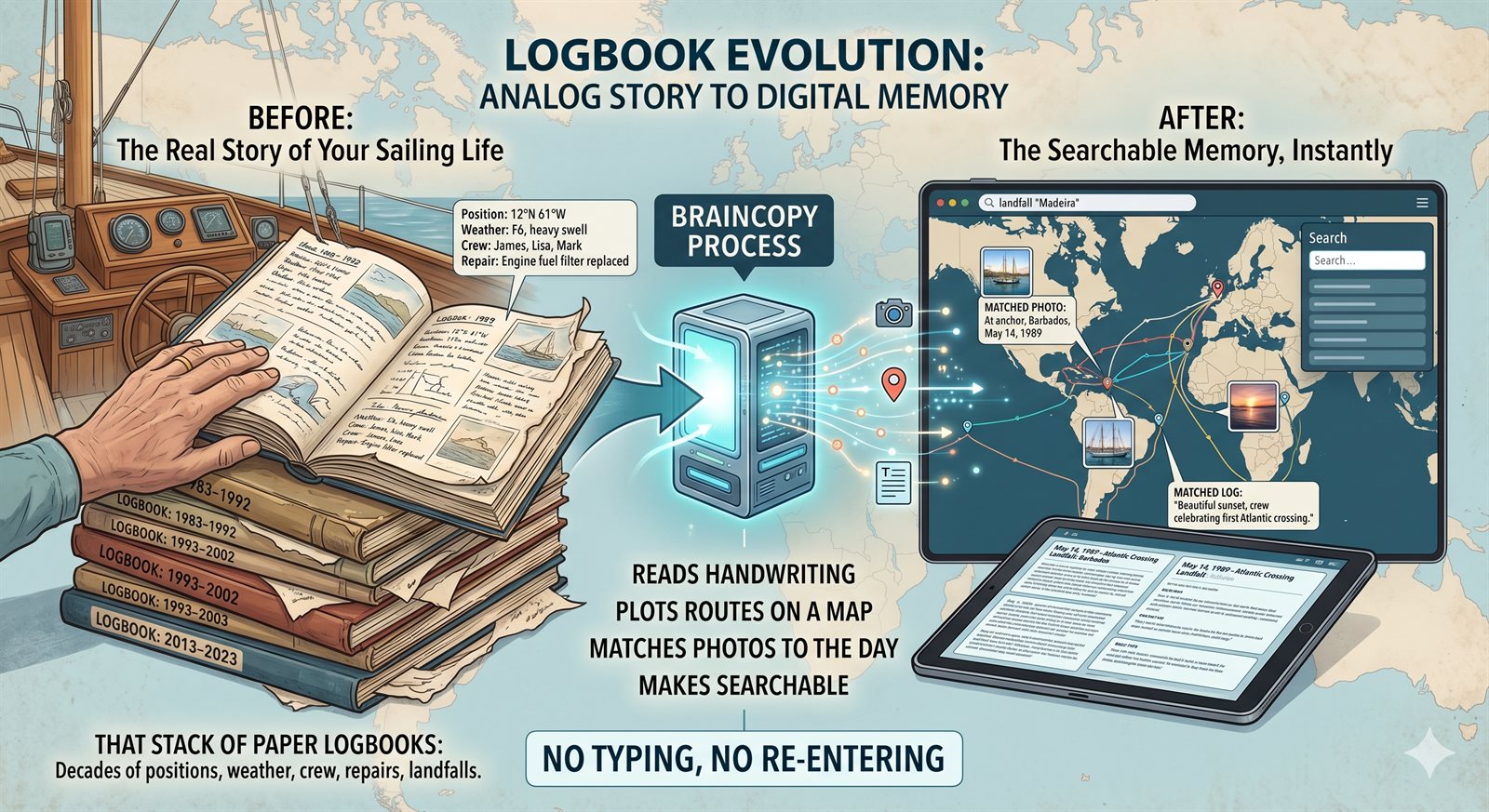 Open paper logbook on a chart table with compass, sextant and coffee mug