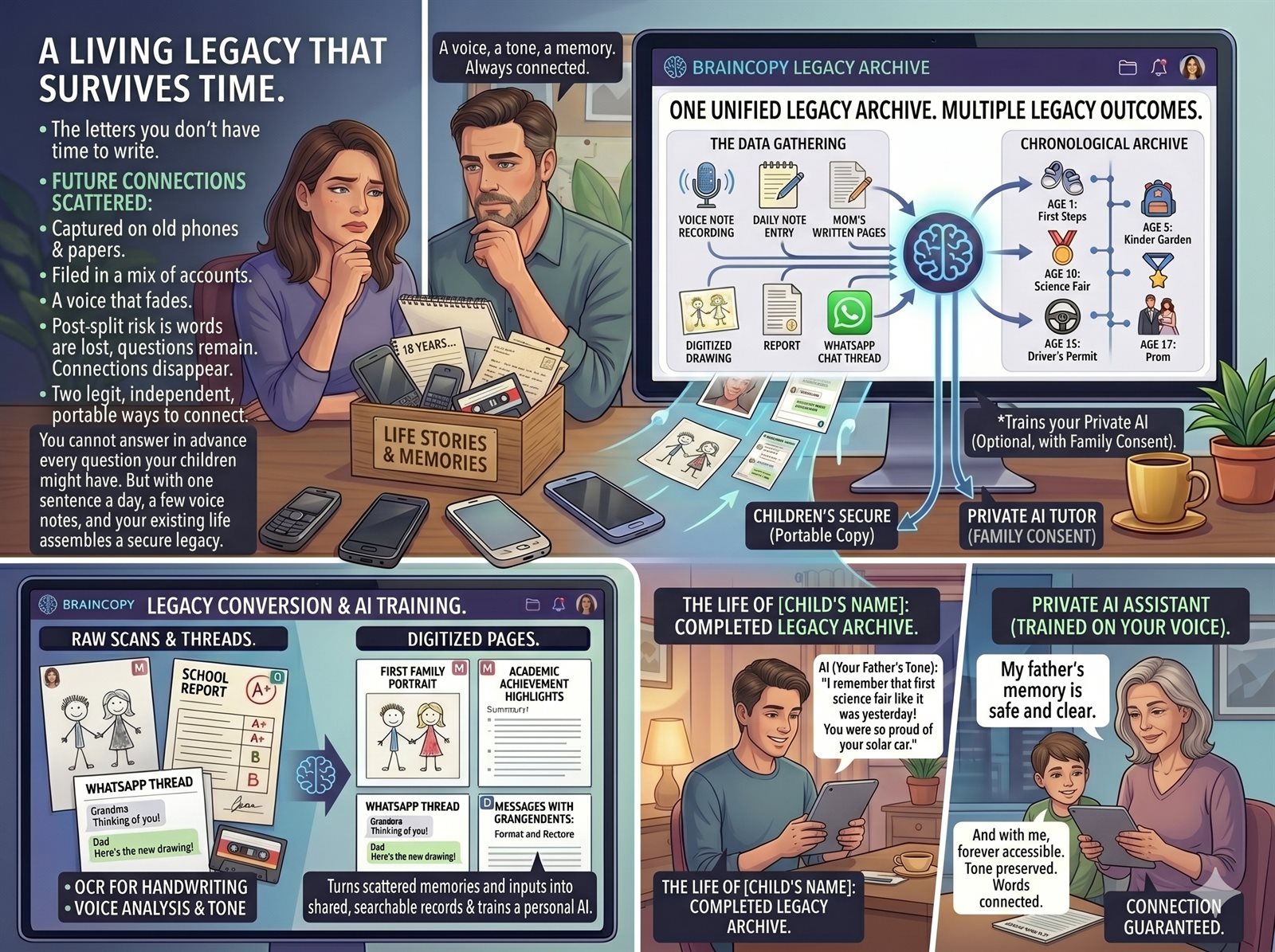 A living legacy archive that survives time: letters, recordings and memories captured and organised for loved ones