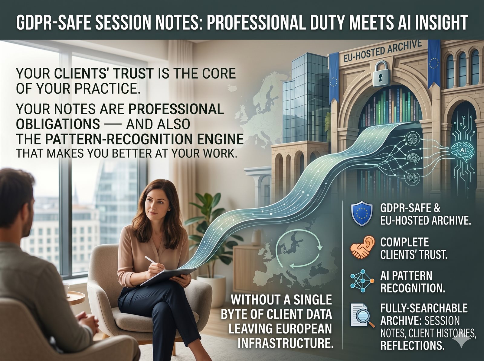 Therapist in session with a GDPR-safe EU-hosted archive diagram showing session notes, client trust, and AI pattern recognition