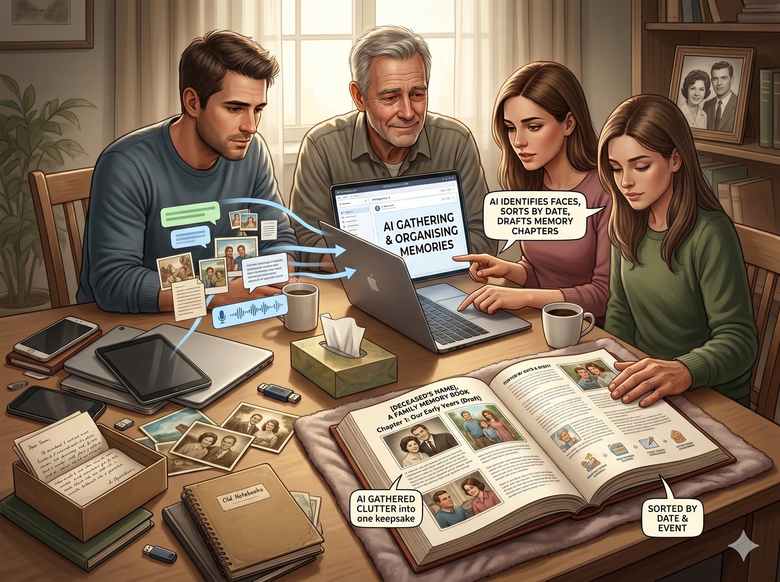 A family gathered around a laptop and a photobook, organising a late loved one's memories
