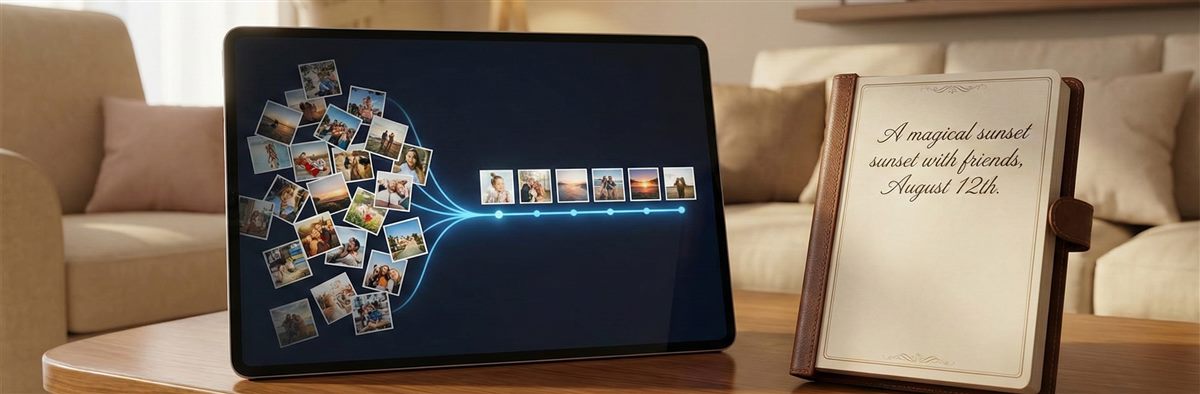 Photos organized into timeline, put in diary